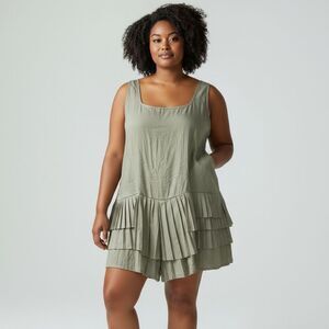 NWOT SHEIN Solid Green sleeveless Romper Dress ruffles square top distressed 4x